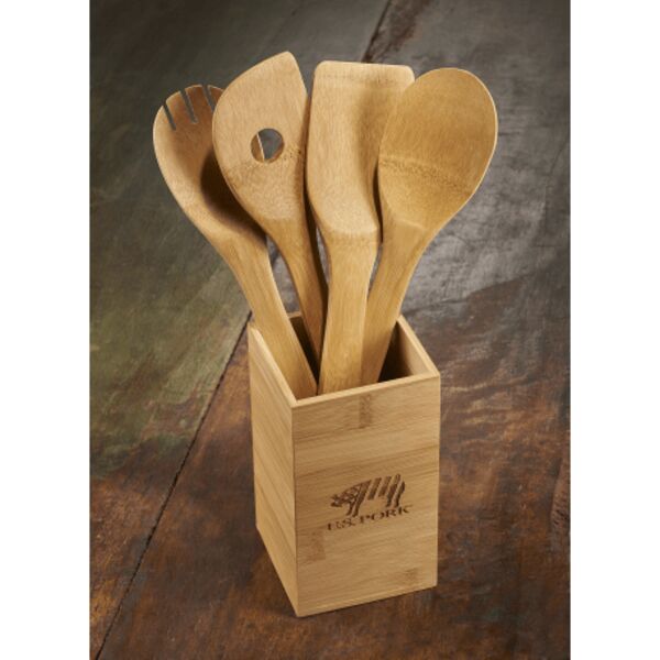 Bamboo 4-piece Kitchen Tool Set and Canister Thumbnail
